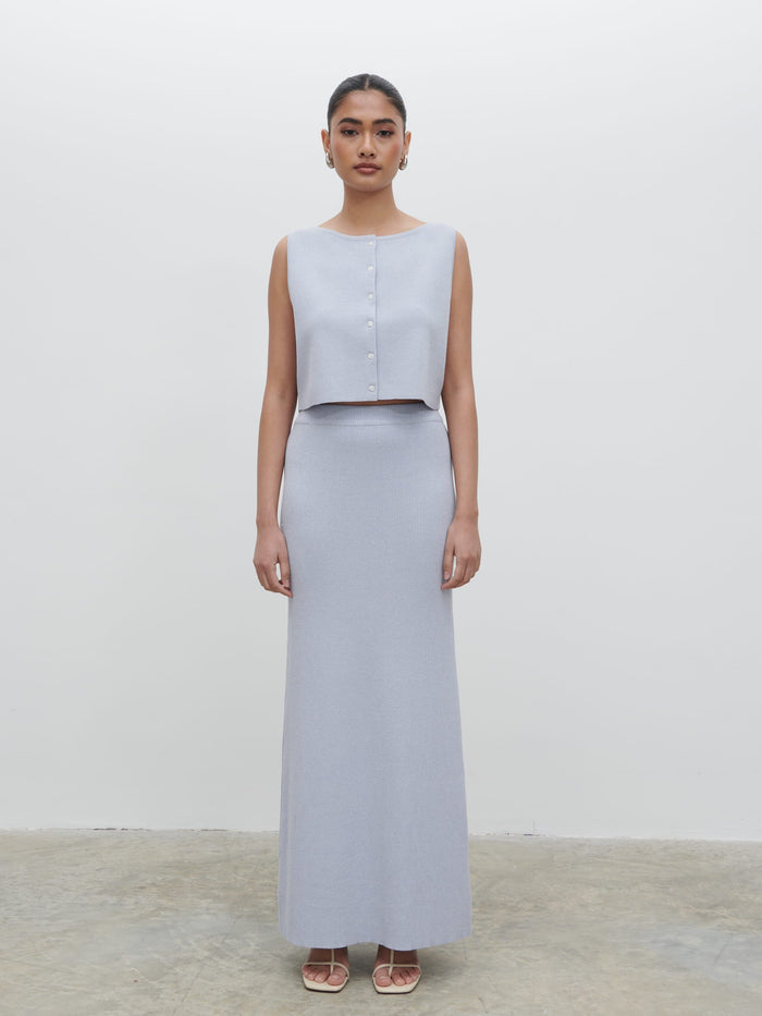 Candy Is 5'6" & Wears Size UK S|Jasmin Knit Maxi Skirt - Blue Marl