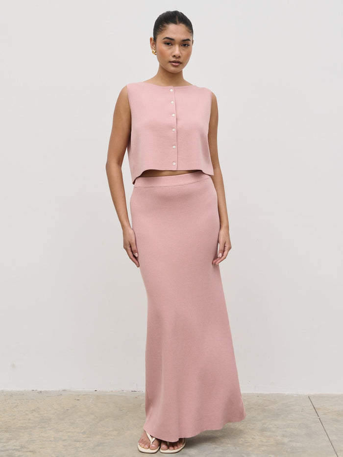 Candy Is 5'6" & Wears Size UK S|Jasmin Knit Maxi Skirt - Pink