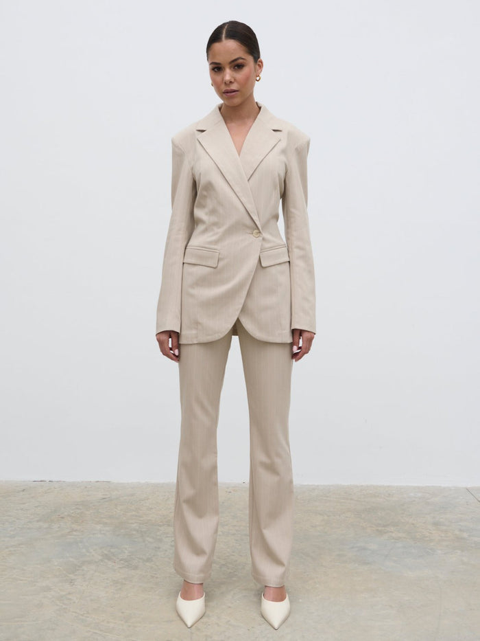 Elissa Is 5'8.5" & Wears Size UK 8|Jaycie Straight Leg Pinstripe Trousers - Chalk and White Stripe