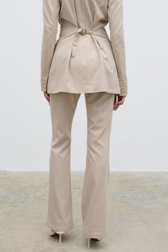Elissa Is 5'8.5" & Wears Size UK 8|Jaycie Straight Leg Pinstripe Trousers - Chalk and White Stripe