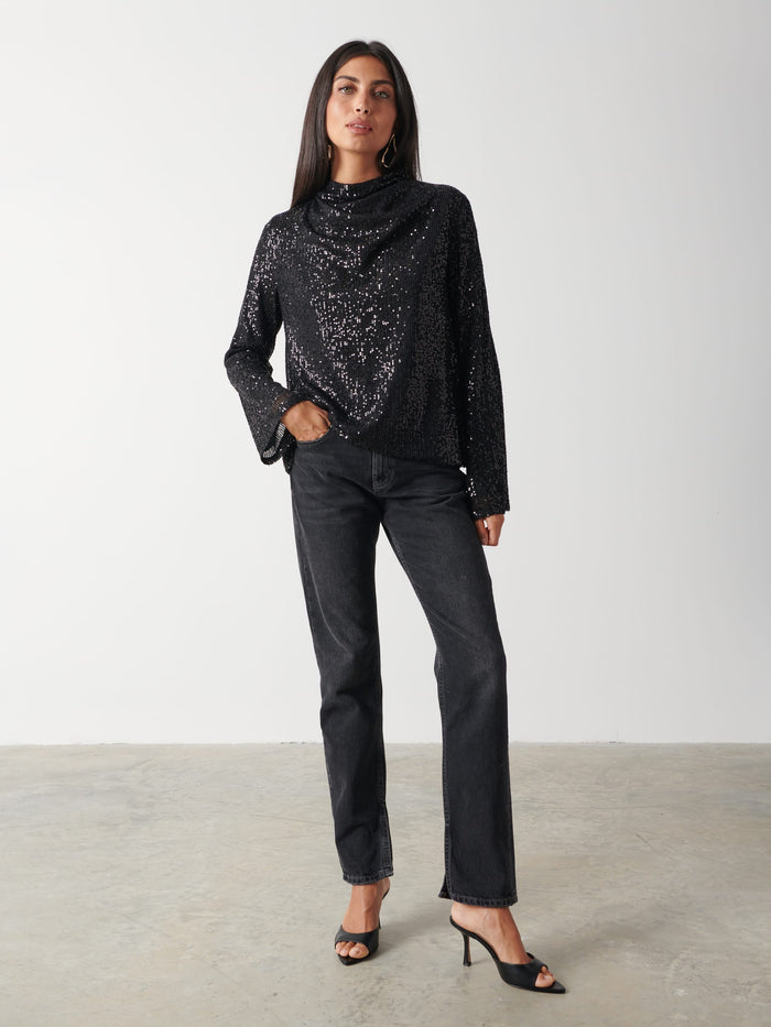 Lygia Is 5'9" & Wears Size UK S|Jayda Sequin Blouse - Black