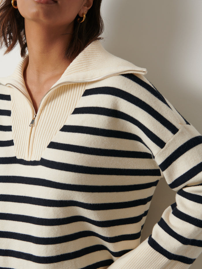 Nayha Is 5'9.5" & Wears Size UK S|Jayden Funnel Neck Zip Jumper - Cream and Navy
