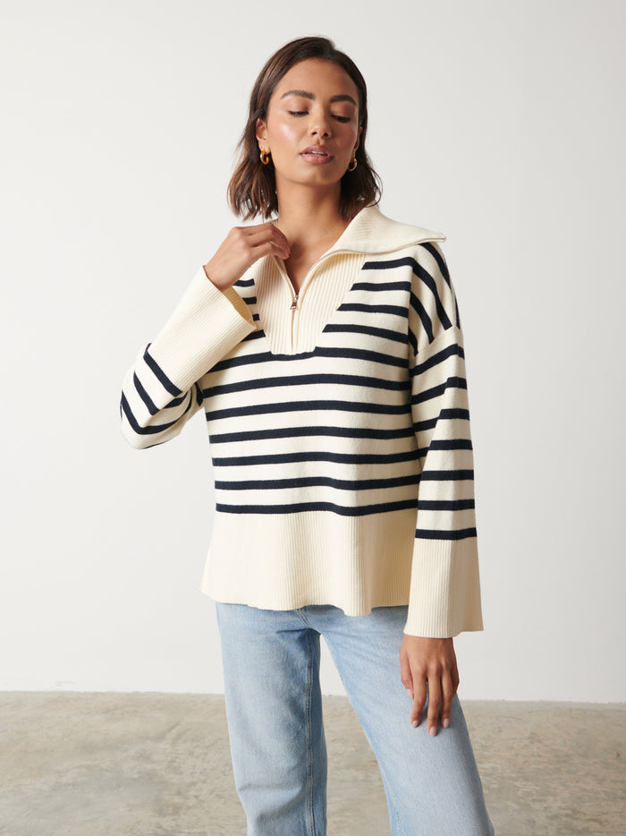 Nayha Is 5'9.5" & Wears Size UK S|Jayden Funnel Neck Zip Jumper - Cream and Navy