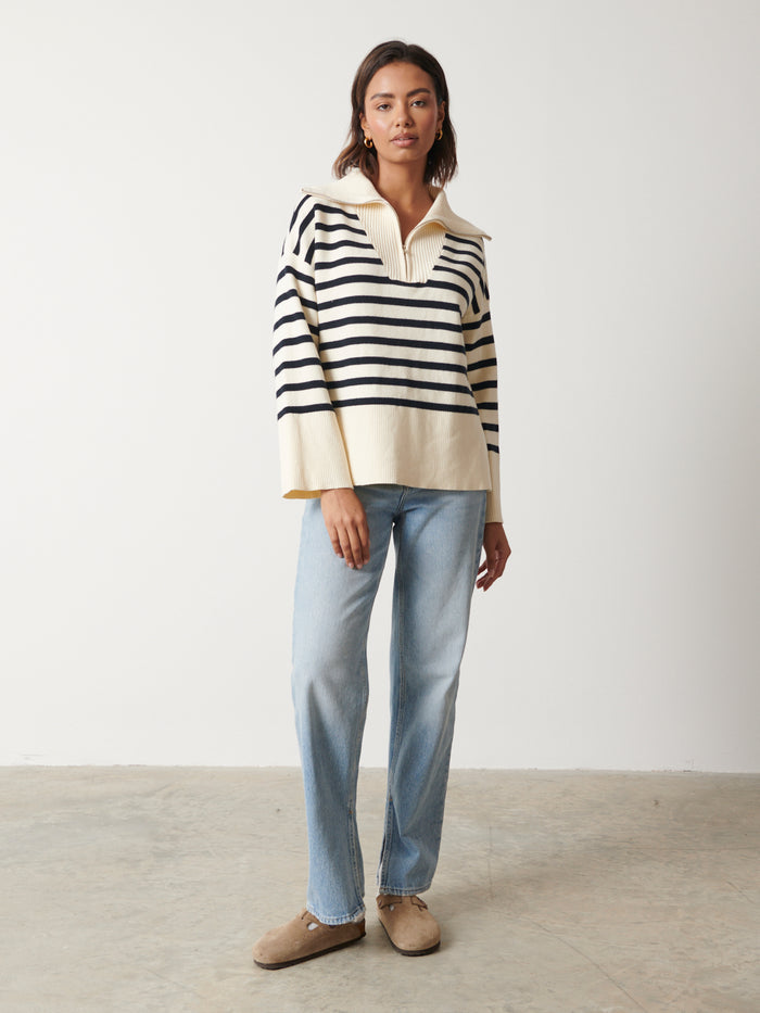 Nayha Is 5'9.5" & Wears Size UK S|Jayden Funnel Neck Zip Jumper - Cream and Navy