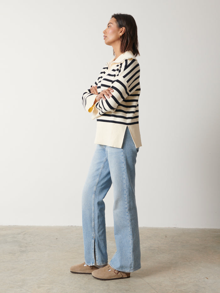 Nayha Is 5'9.5" & Wears Size UK S|Jayden Funnel Neck Zip Jumper - Cream and Navy