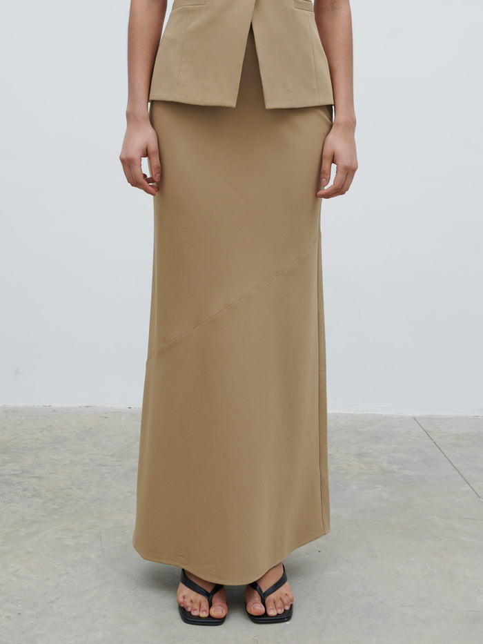 Graziela Is 5'9.5" & Wears Size UK 8|Jean Asymmetric Maxi Skirt - Camel Beige