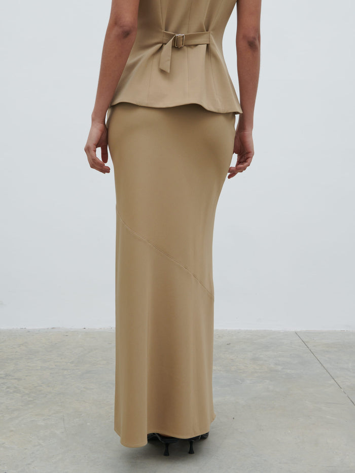 Graziela Is 5'9.5" & Wears Size UK 8|Jean Asymmetric Maxi Skirt - Camel Beige