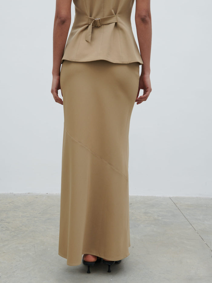Graziela Is 5'9.5" & Wears Size UK 8|Jean Asymmetric Maxi Skirt - Camel Beige
