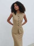 Graziela Is 5'9.5" & Wears Size UK 6|Jean Buttoned Down Waistcoat - Camel Beige