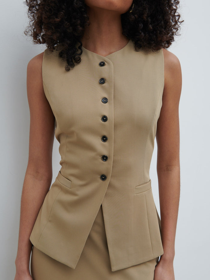 Graziela Is 5'9.5" & Wears Size UK 6|Jean Buttoned Down Waistcoat - Camel Beige
