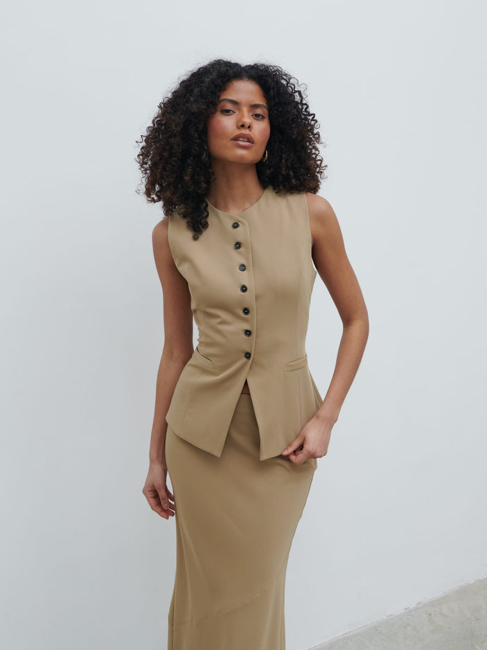 Graziela Is 5'9.5" & Wears Size UK 6|Jean Buttoned Down Waistcoat - Camel Beige