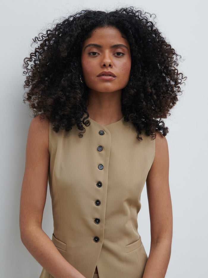 Graziela Is 5'9.5" & Wears Size UK 6|Jean Buttoned Down Waistcoat - Camel Beige