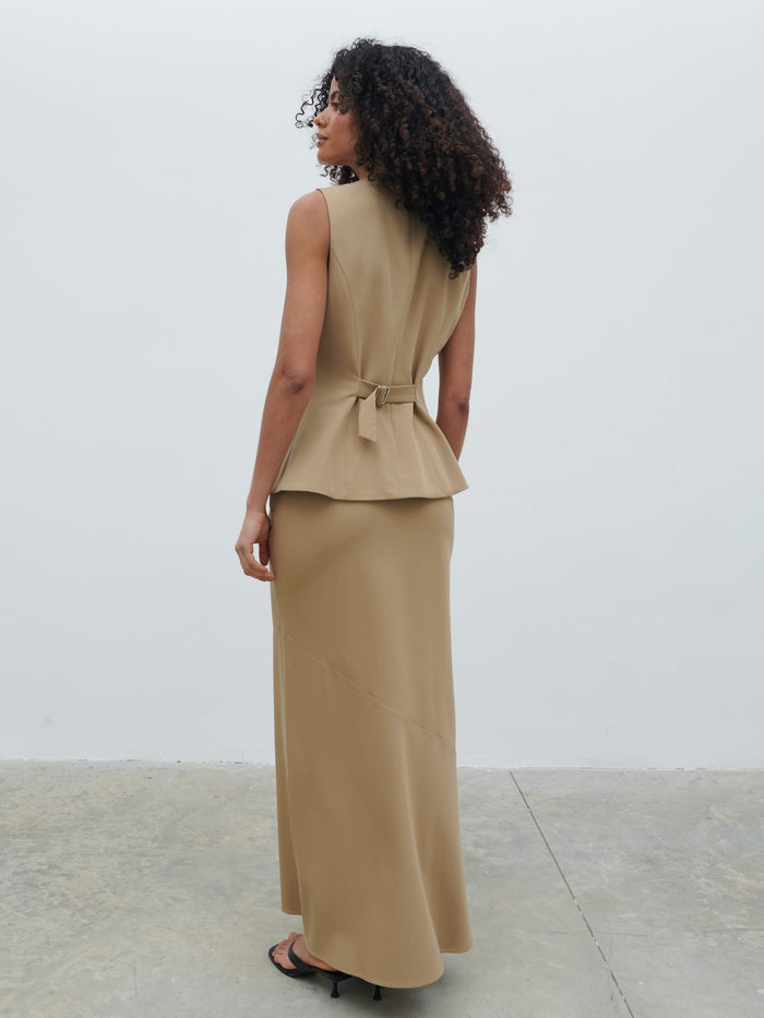 Graziela Is 5'9.5" & Wears Size UK 6|Jean Buttoned Down Waistcoat - Camel Beige