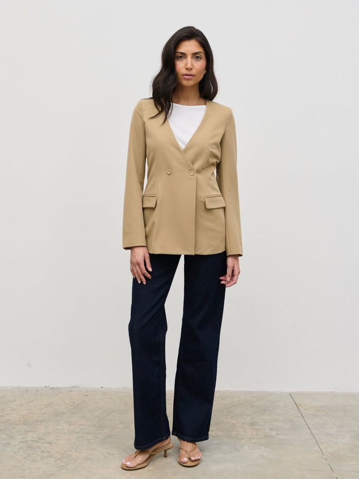 Lygia Is 5'9" & Wears Size UK 8|Jean Collarless Blazer - Camel Beige
