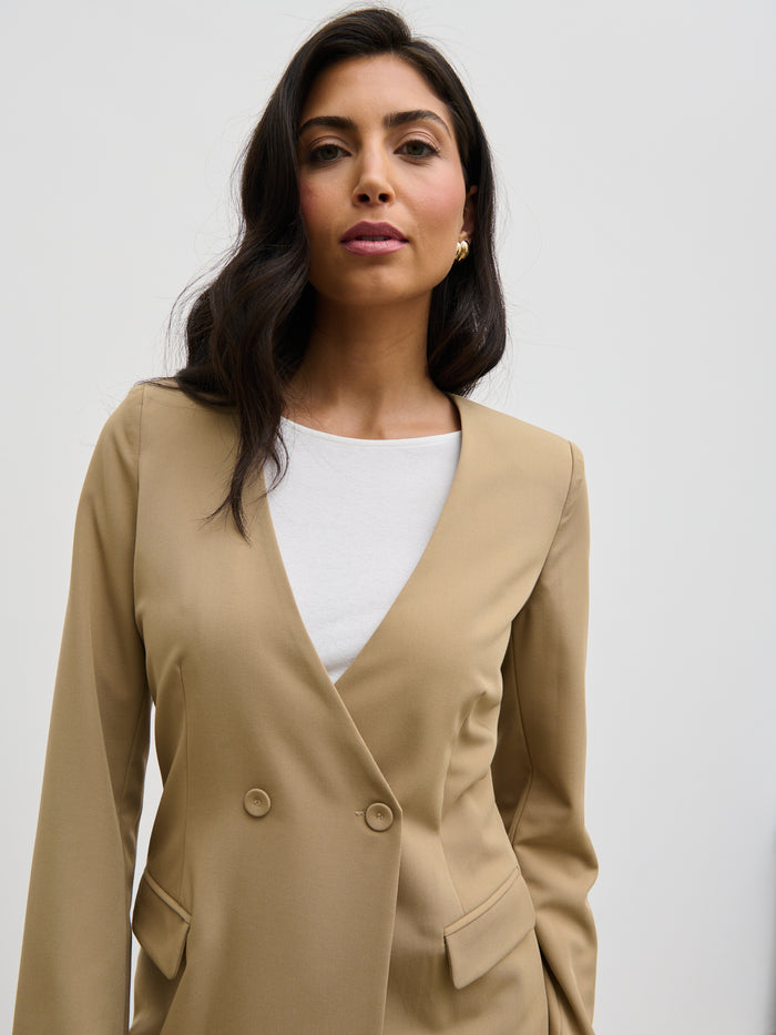 Lygia Is 5'9" & Wears Size UK 8|Jean Collarless Blazer - Camel Beige