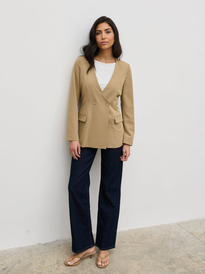 Lygia Is 5'9" & Wears Size UK 8|Jean Collarless Blazer - Camel Beige