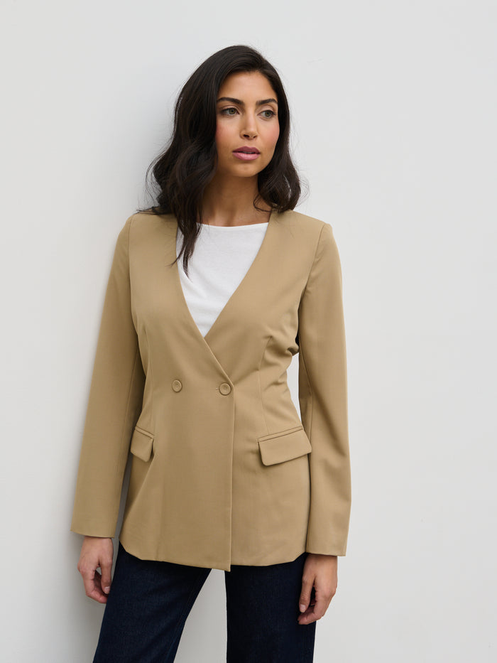 Lygia Is 5'9" & Wears Size UK 8|Jean Collarless Blazer - Camel Beige