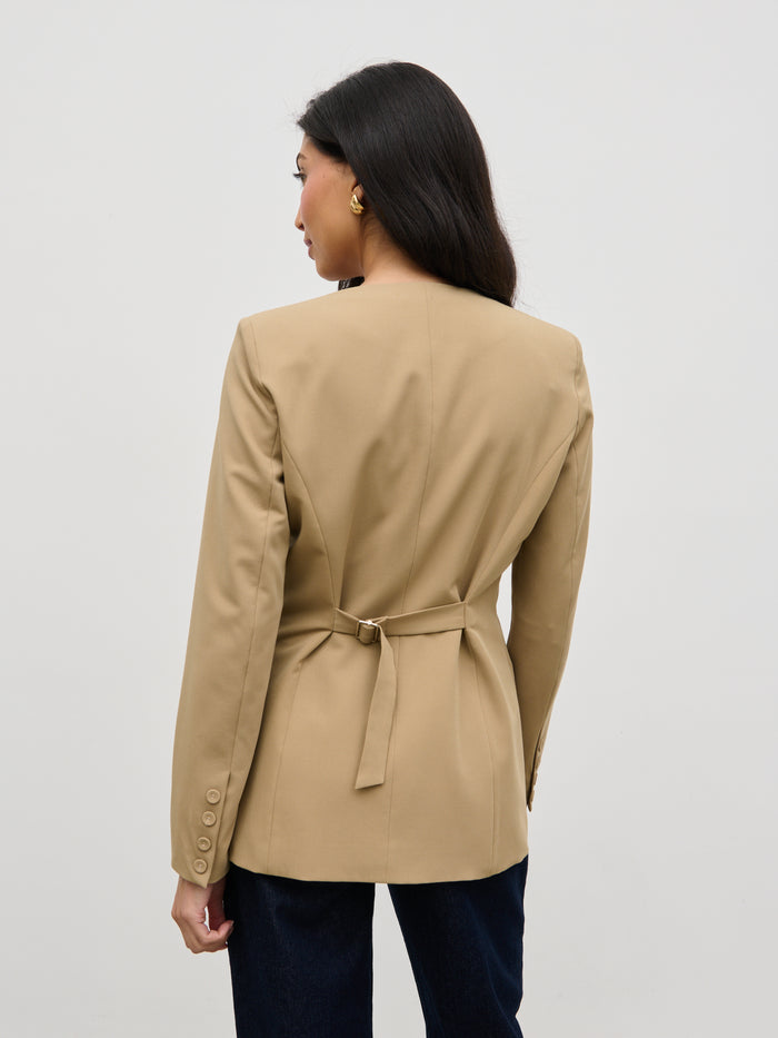 Lygia Is 5'9" & Wears Size UK 8|Jean Collarless Blazer - Camel Beige