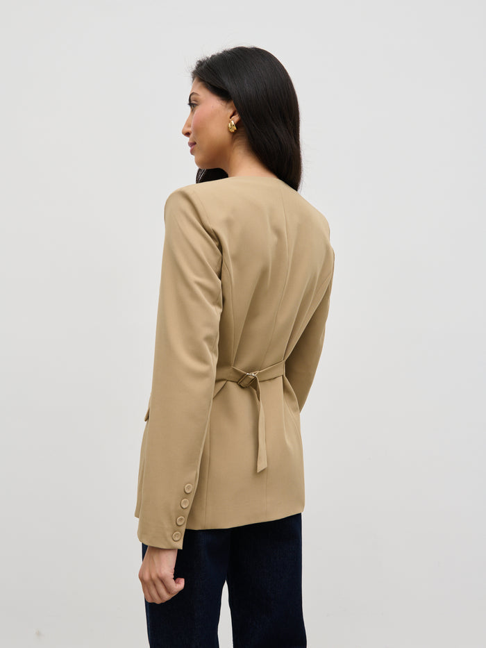 Lygia Is 5'9" & Wears Size UK 8|Jean Collarless Blazer - Camel Beige