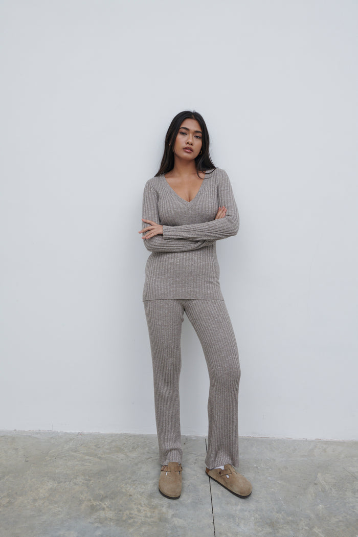 Candy Is 5'6" & Wears Size UK S|Jessie Ribbed Knit Trousers - Grey Marl
