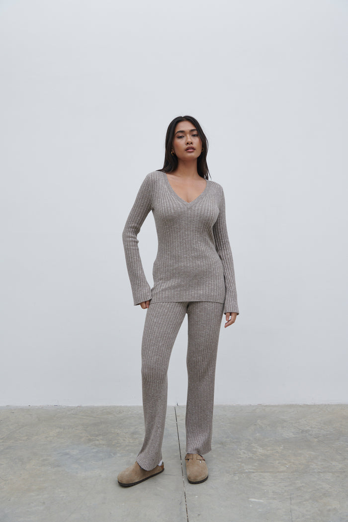 Candy Is 5'6" & Wears Size UK S|Jessie Ribbed Knit Trousers - Grey Marl