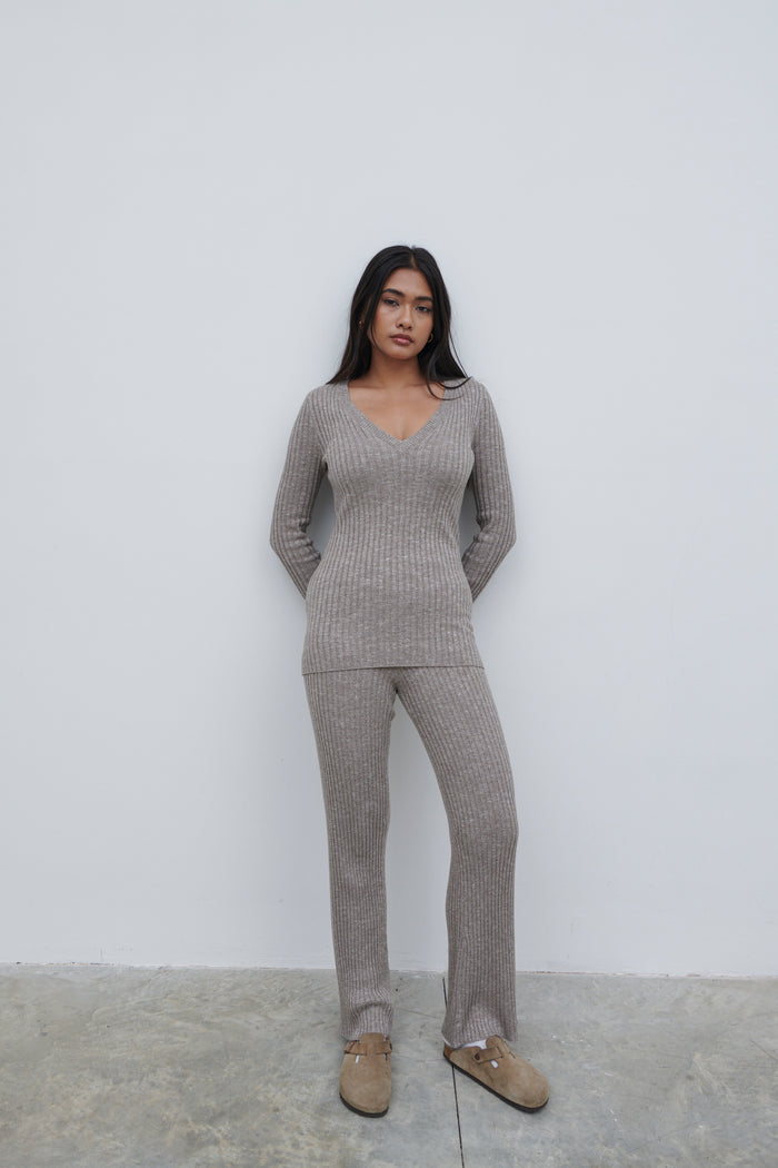 Candy Is 5'6" & Wears Size UK S|Jessie Ribbed Knit Trousers - Grey Marl