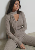 Candy Is 5'6" & Wears Size UK S|Jessie V Neck Ribbed Knit Top with Scarf - Grey Marl