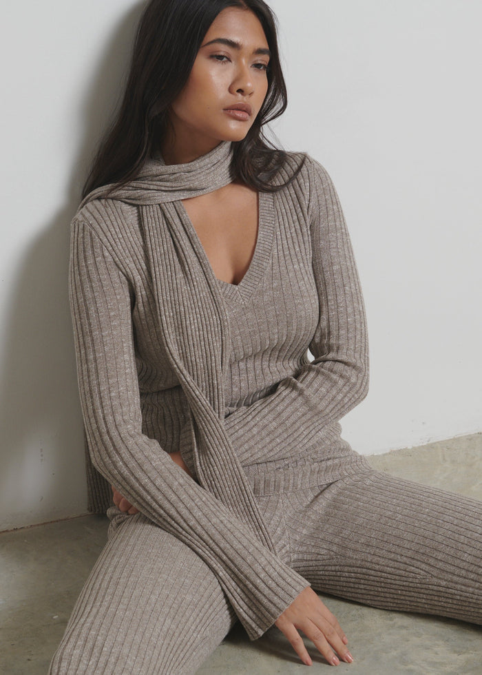 Candy Is 5'6" & Wears Size UK S|Jessie V Neck Ribbed Knit Top with Scarf - Grey Marl