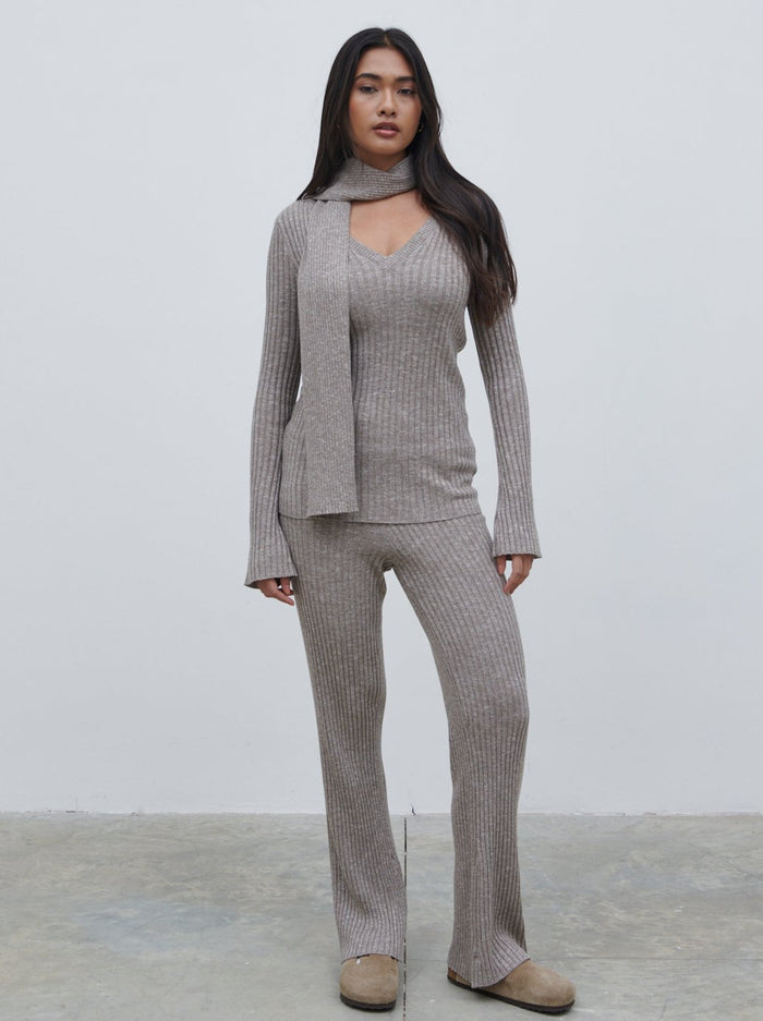 Candy Is 5'6" & Wears Size UK S|Jessie V Neck Ribbed Knit Top with Scarf - Grey Marl