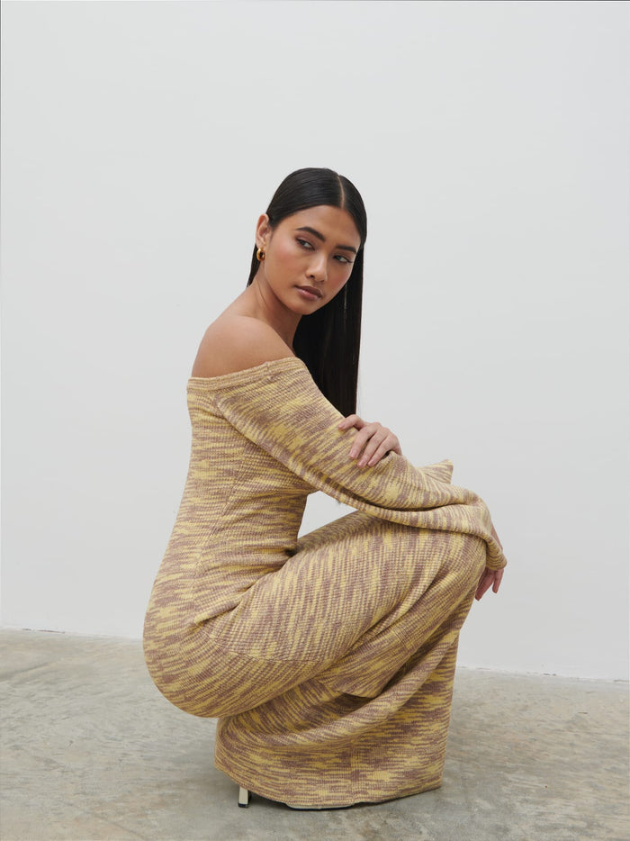 Candy Is 5'6" & Wears Size UK S|Joanna Bardot Knit Maxi Dress - Lemon Melange
