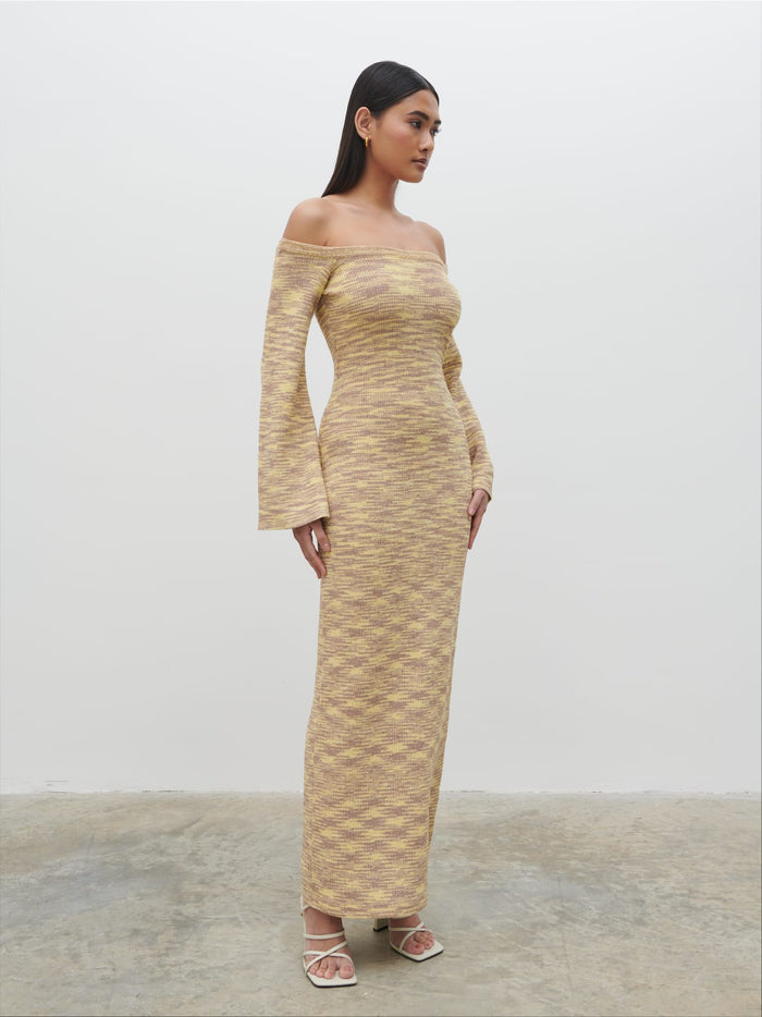 Candy Is 5'6" & Wears Size UK S|Joanna Bardot Knit Maxi Dress - Lemon Melange