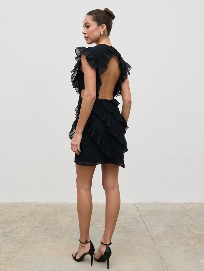 Elissa Is 5'8.5" & Wears Size UK 8|Joss Ruffle Mini Dress - Black