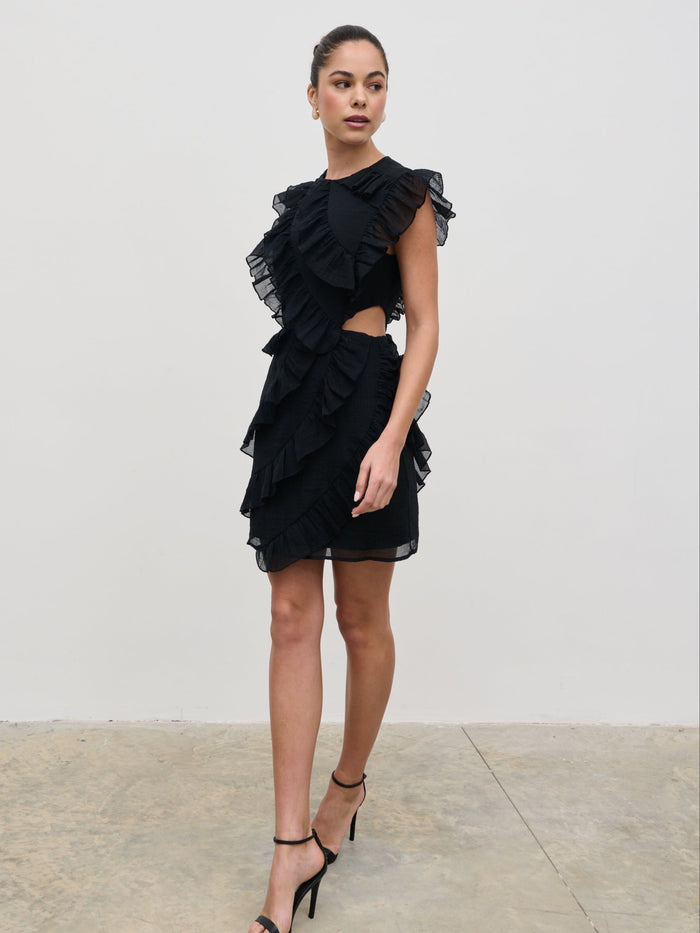 Elissa Is 5'8.5" & Wears Size UK 8|Joss Ruffle Mini Dress - Black