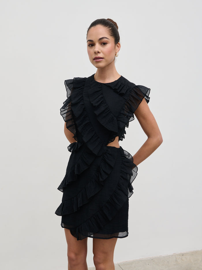 Elissa Is 5'8.5" & Wears Size UK 8|Joss Ruffle Mini Dress - Black