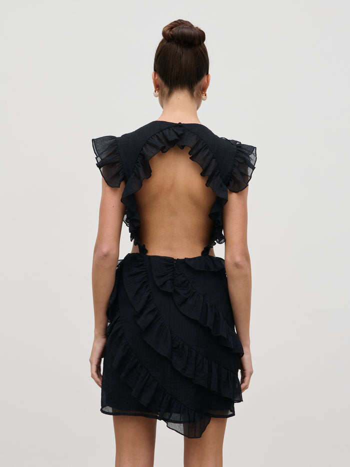 Elissa Is 5'8.5" & Wears Size UK 8|Joss Ruffle Mini Dress - Black