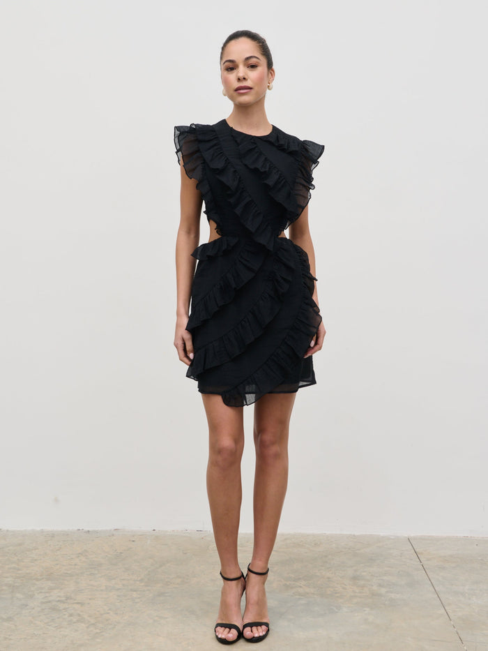 Elissa Is 5'8.5" & Wears Size UK 8|Joss Ruffle Mini Dress - Black