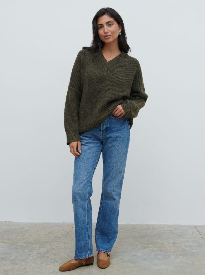 Lygia Is 5'9" & Wears Size UK S|Jovie Oversized Rib Knit Jumper - Dark Olive