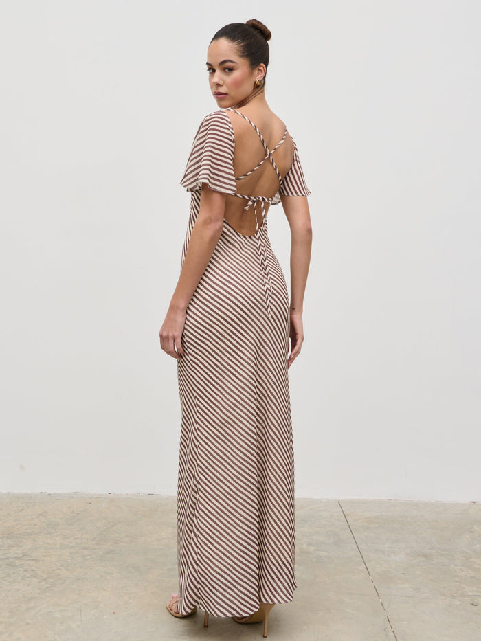 Elissa Is 5'8.5" & Wears Size UK 8|Jules Maxi Dress - Brown and Cream Stripe