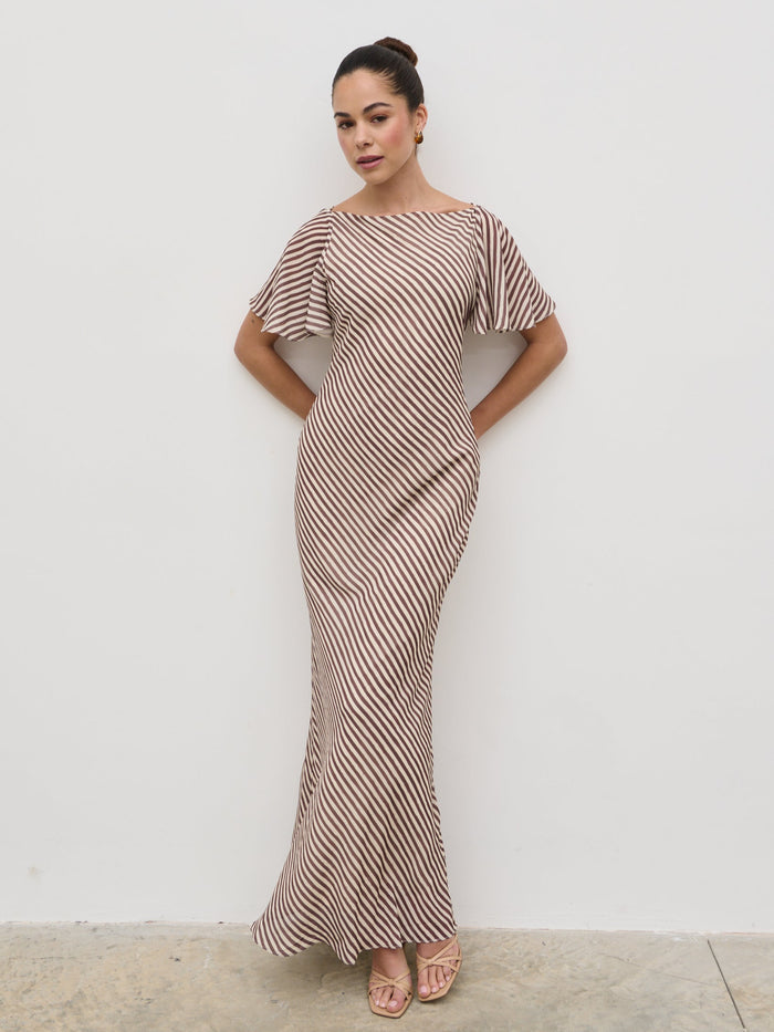 Elissa Is 5'8.5" & Wears Size UK 8|Jules Maxi Dress - Brown and Cream Stripe