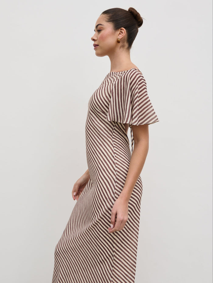 Elissa Is 5'8.5" & Wears Size UK 8|Jules Maxi Dress - Brown and Cream Stripe