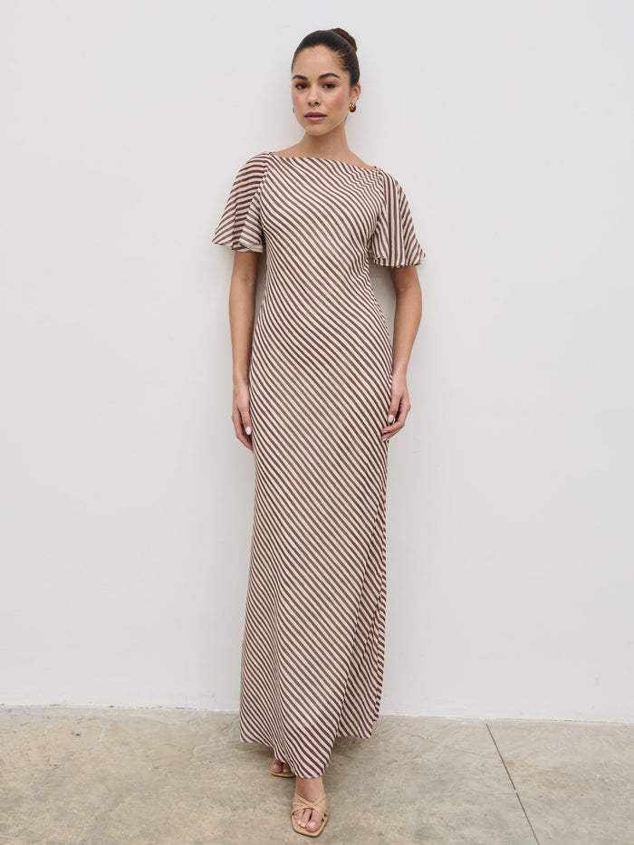 Elissa Is 5'8.5" & Wears Size UK 8|Jules Maxi Dress - Brown and Cream Stripe