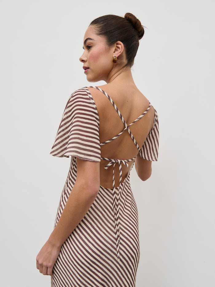 Elissa Is 5'8.5" & Wears Size UK 8|Jules Maxi Dress - Brown and Cream Stripe