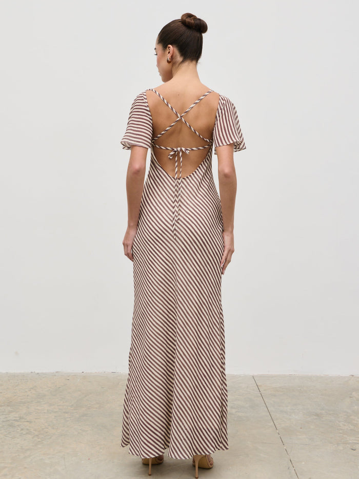 Elissa Is 5'8.5" & Wears Size UK 8|Jules Maxi Dress - Brown and Cream Stripe