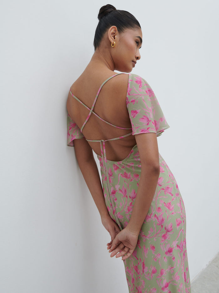 Candy Is 5'6" & Wears Size UK 8|Jules Maxi Dress - Olive and Fuchsia Petal Floral