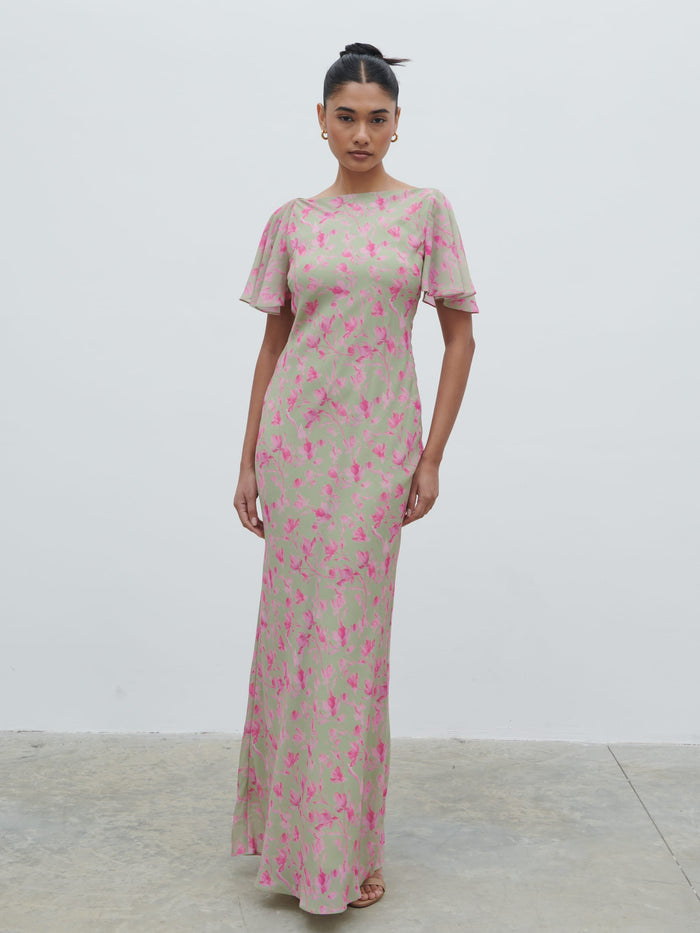 Candy Is 5'6" & Wears Size UK 8|Jules Maxi Dress - Olive and Fuchsia Petal Floral