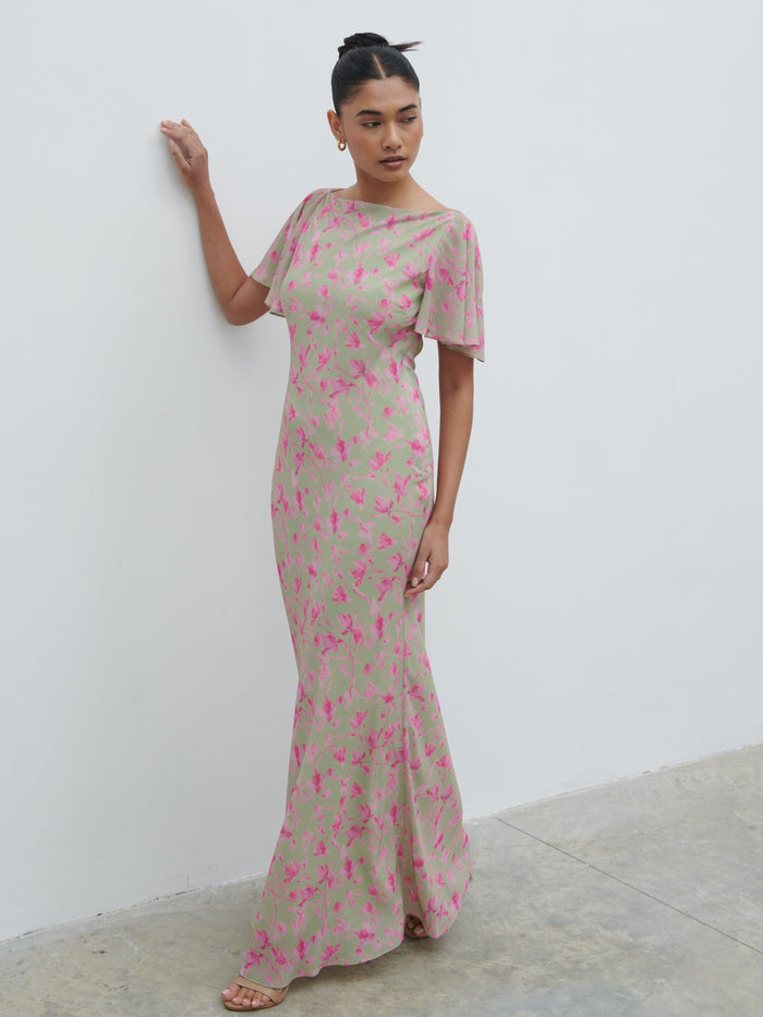 Candy Is 5'6" & Wears Size UK 8|Jules Maxi Dress - Olive and Fuchsia Petal Floral