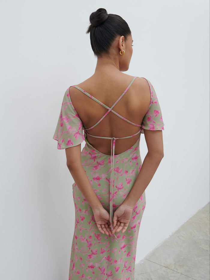 Candy Is 5'6" & Wears Size UK 8|Jules Maxi Dress - Olive and Fuchsia Petal Floral