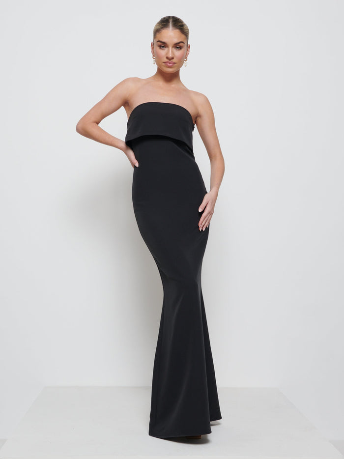 Taylor Is 5'9" & Wears Size UK 8|Julia Crepe Maxi Bridesmaid Dress - Black