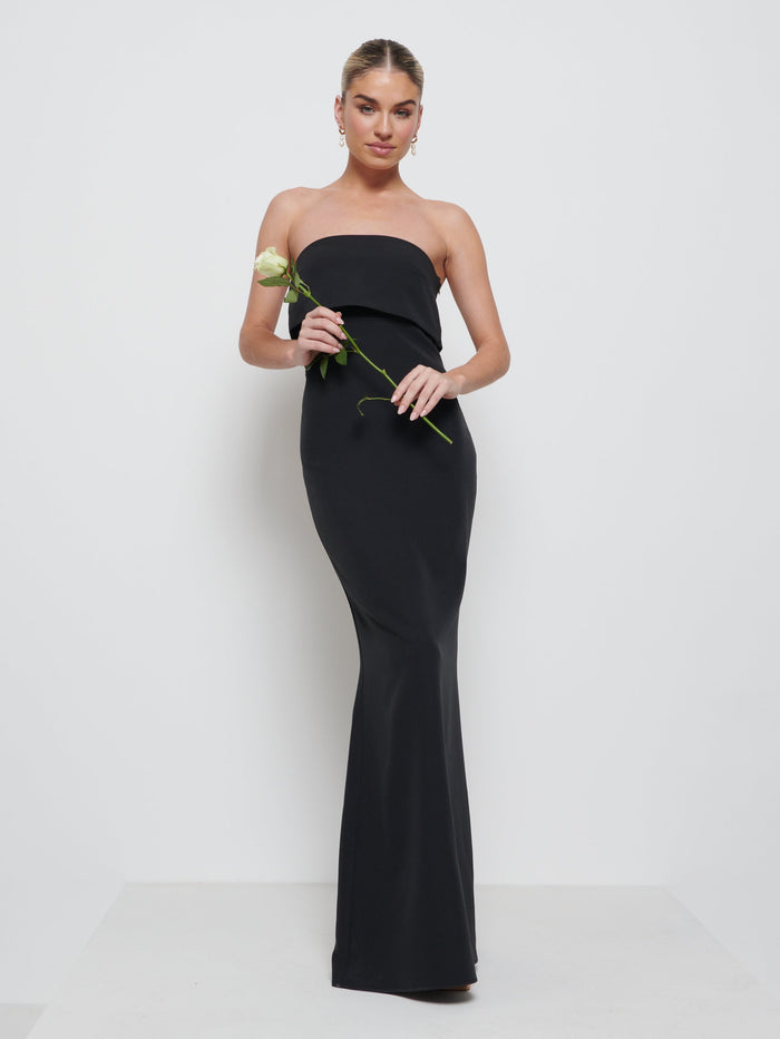 Taylor Is 5'9" & Wears Size UK 8|Julia Crepe Maxi Bridesmaid Dress - Black