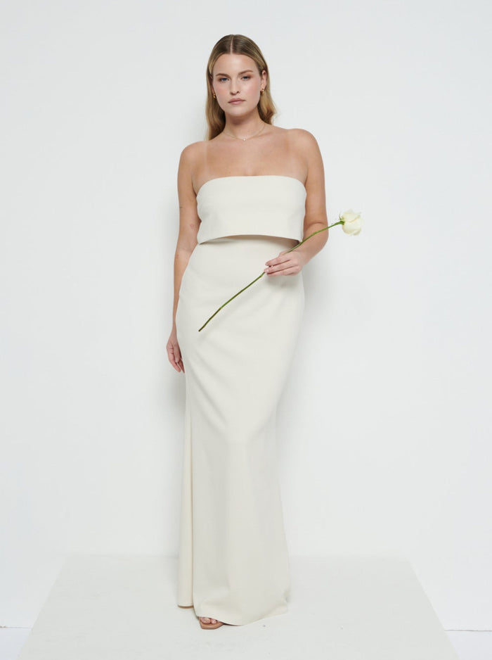 Theo Is 5'8.5" & Wears Size UK 12|Julia Crepe Maxi Bridesmaid Dress - Champagne